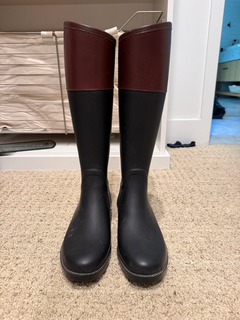 Tory Burch Black and Burgundy Tall Rain Boots